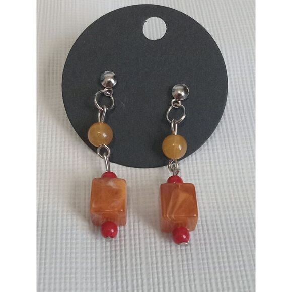 Red Round and Orange Cube Beaded Post Backs Dangle Style Lightweight Earrings - Picture 4 of 11